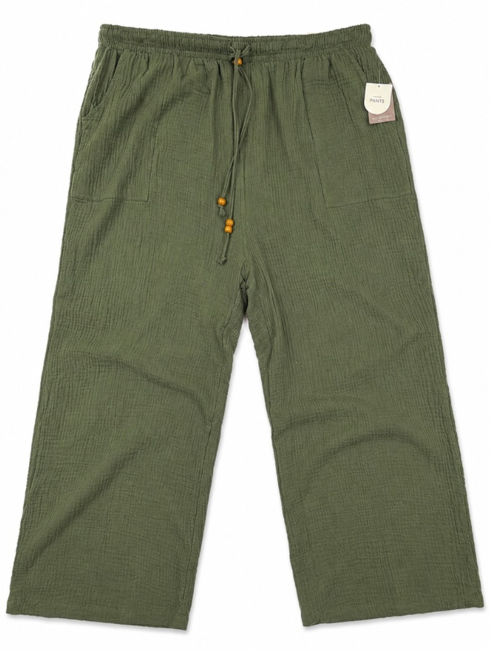 NWT No Comment Olive Green Gauze Cotton Wide Leg Crop Pants Fringe Drawstring L